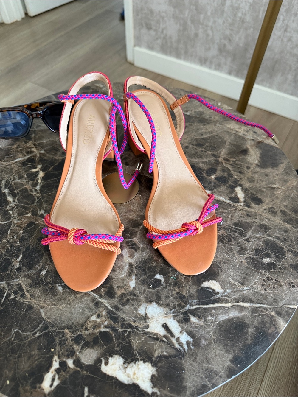 Arezzo Orange Leather Heeled Sandals with Pink & Purple Rope Ties